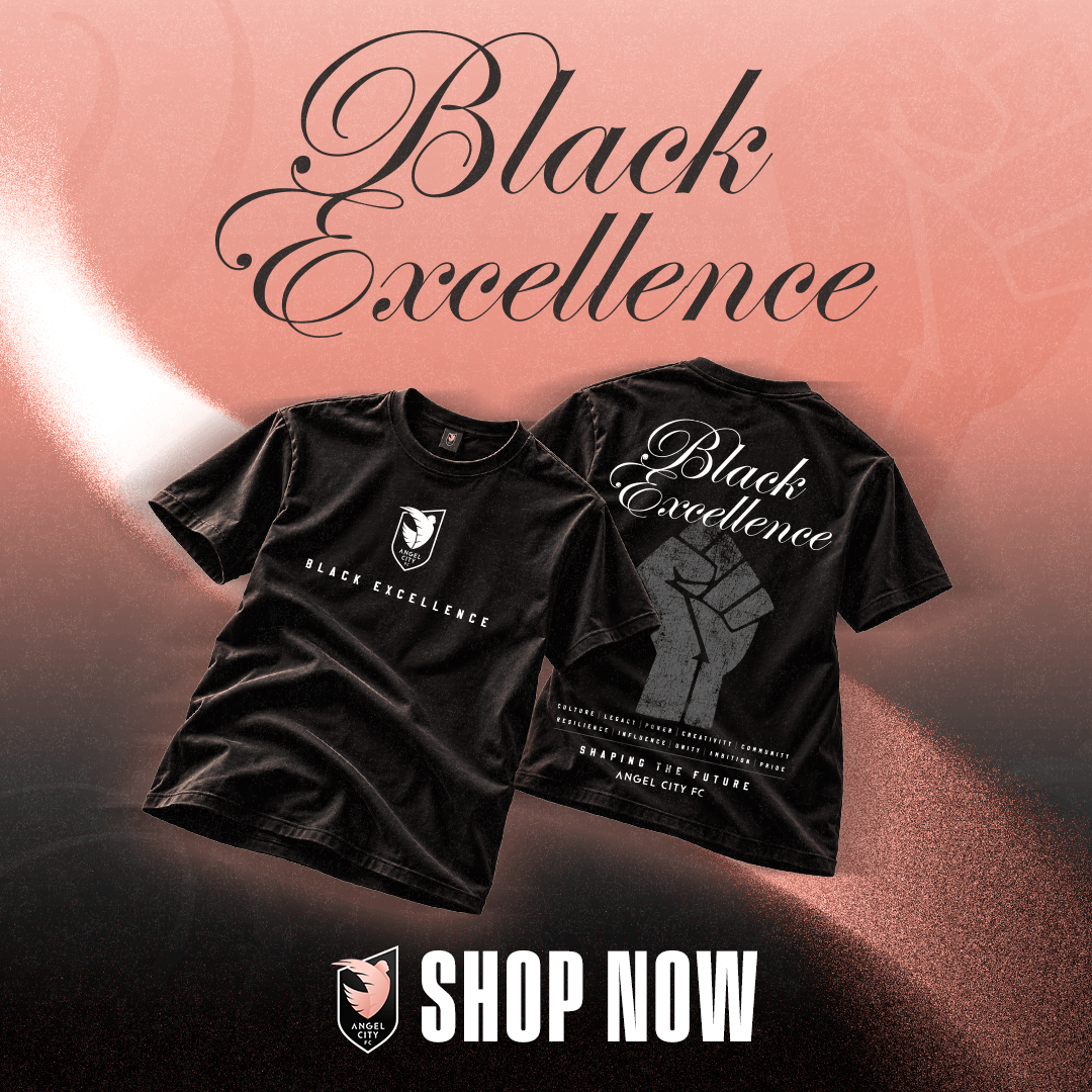 Angel City FC Black Excellence tee, front and back — shop now