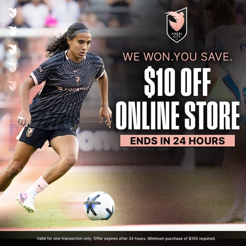 We won, you save: $10 off the Angel City FC online store, ends in 24 hours. Minimum purchase $100.