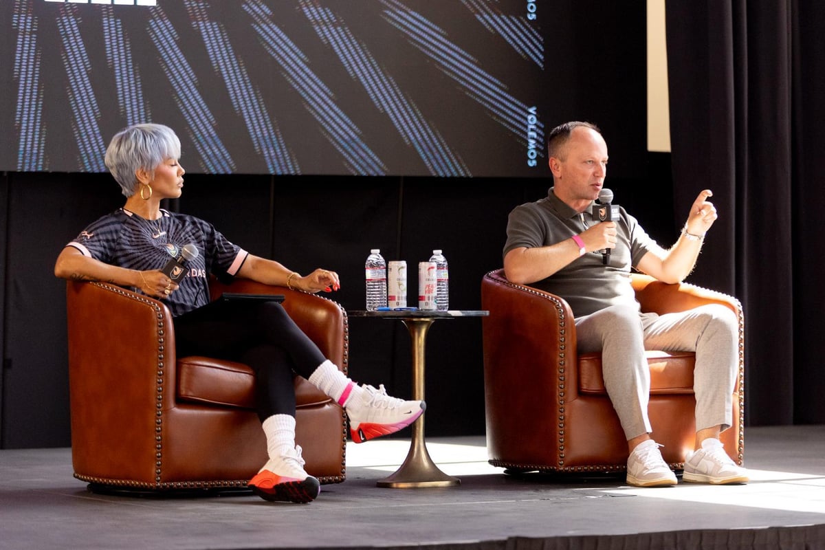 Panel discussion on stage at an Angel City FC Season Ticket Member event