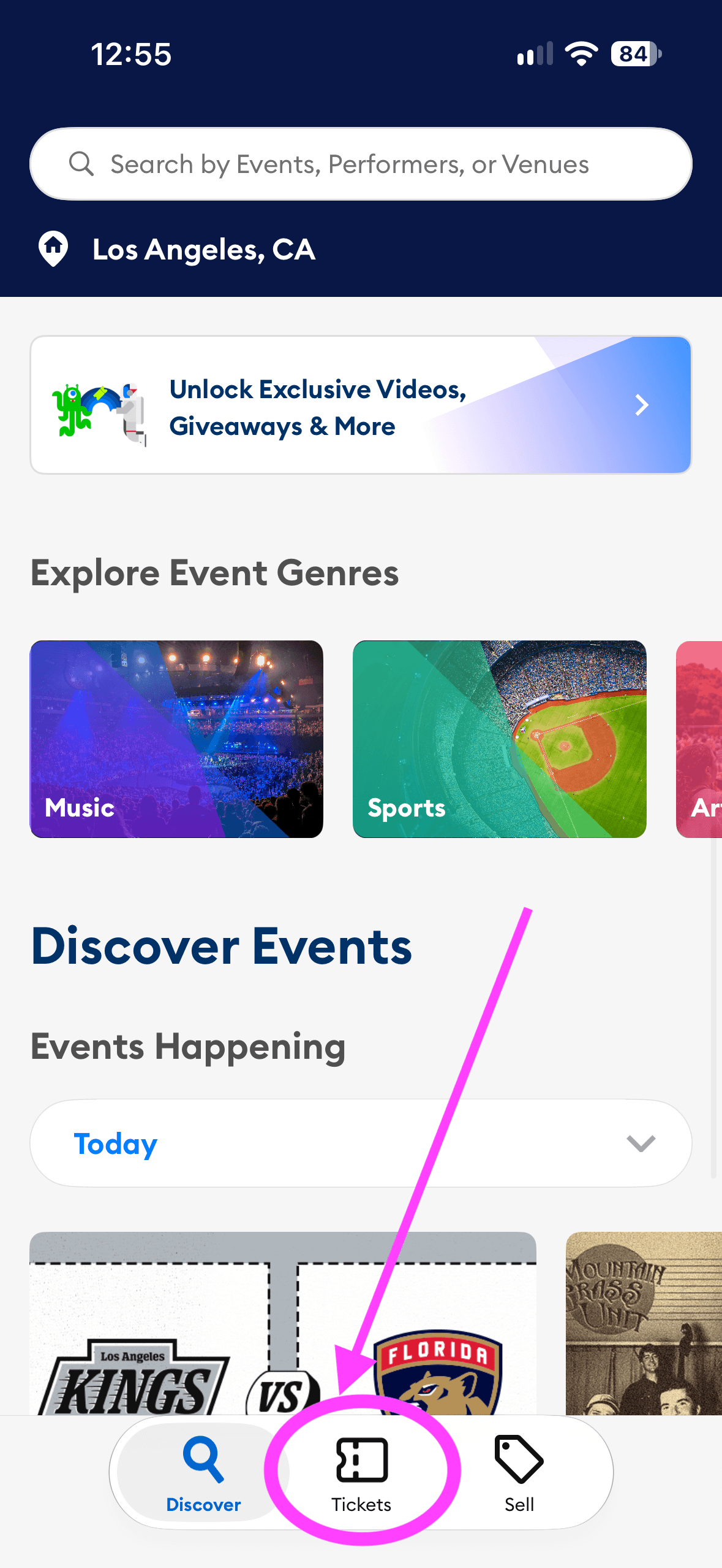 AXS app navigation with the Tickets tab highlighted