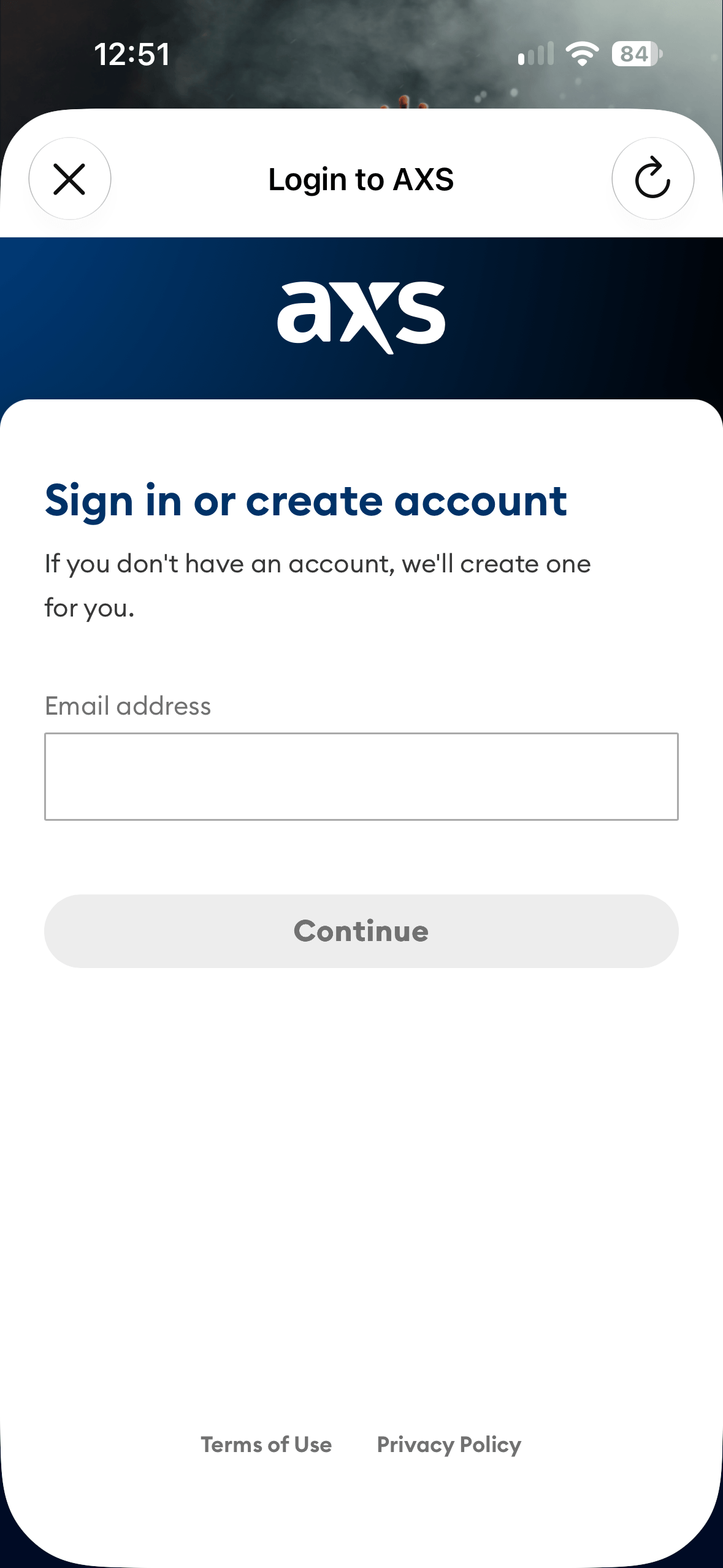 AXS sign in or create account screen