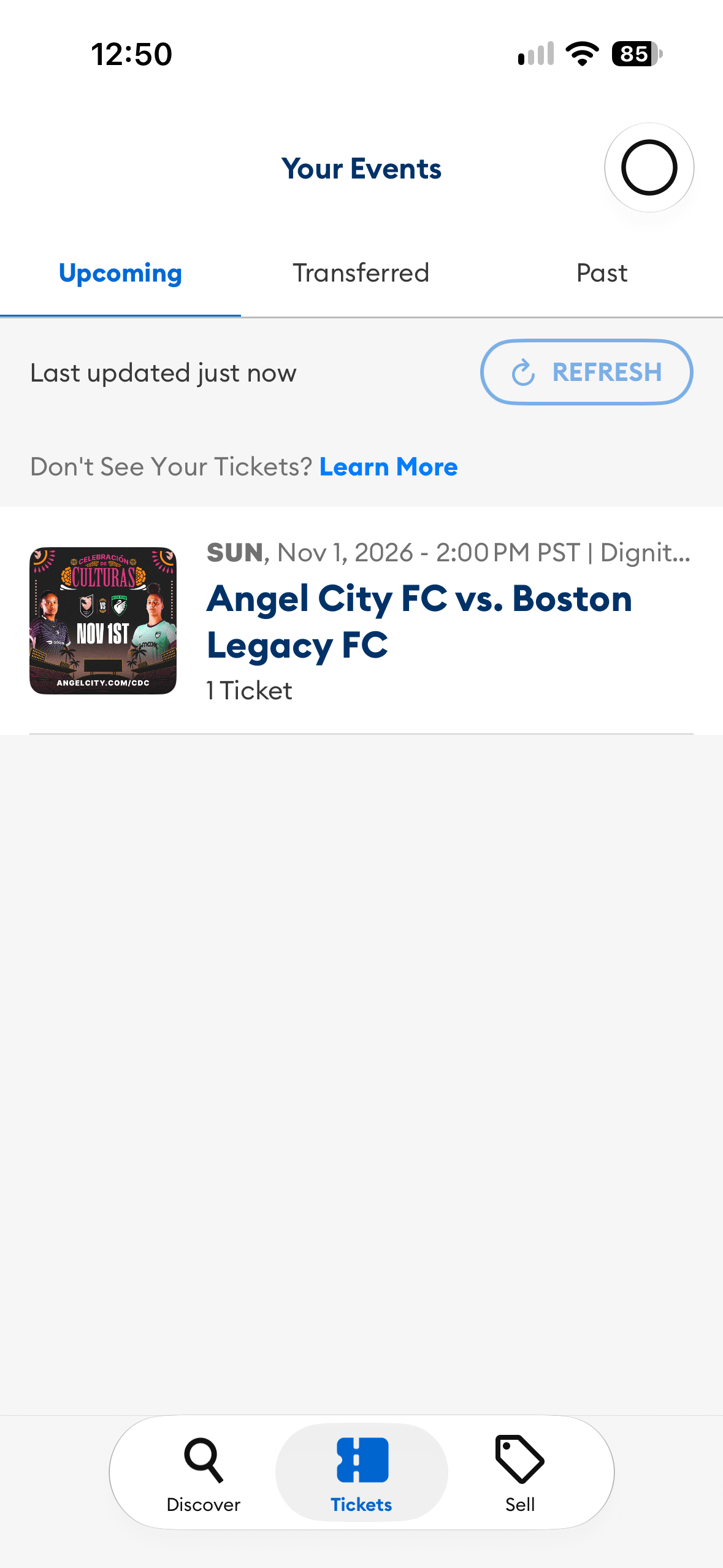 AXS Your Events screen showing Angel City FC vs Boston Legacy FC on November 1