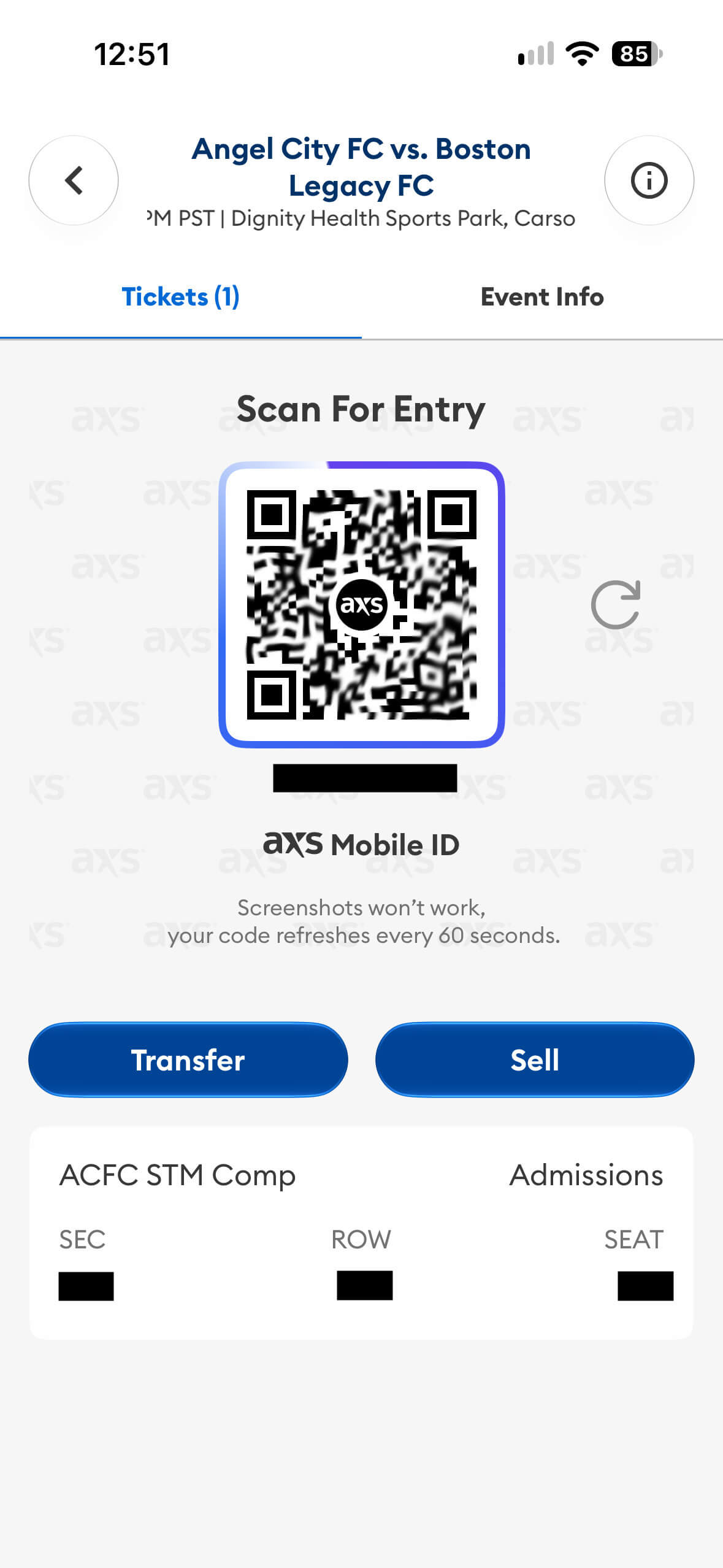 AXS Mobile ID scan for entry for Angel City FC vs Boston Legacy FC