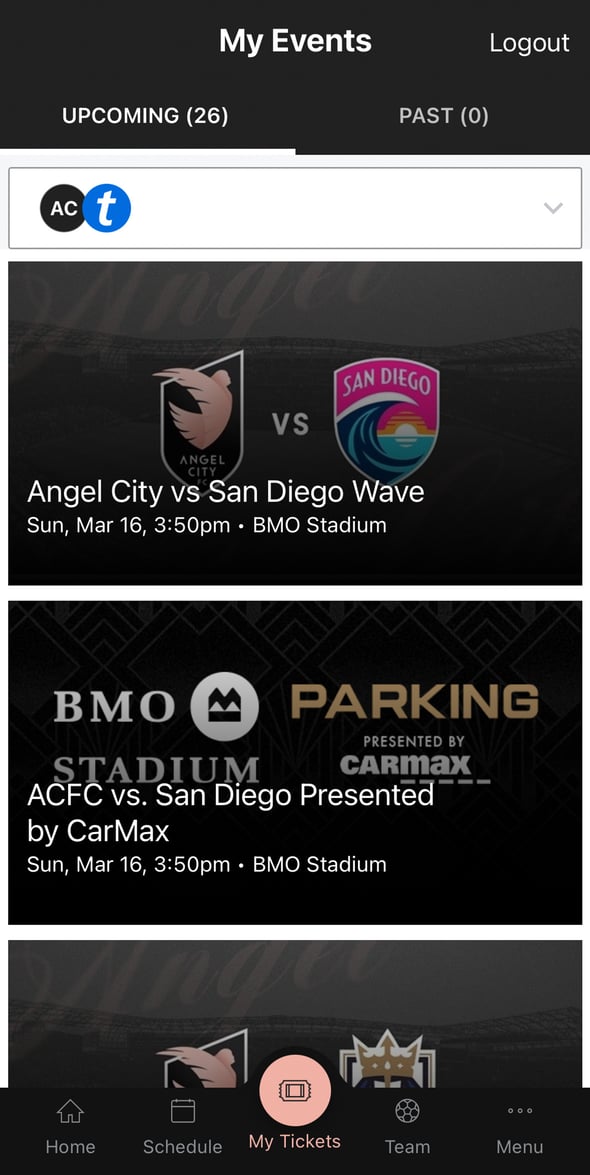 Ticket list in the Angel City FC app