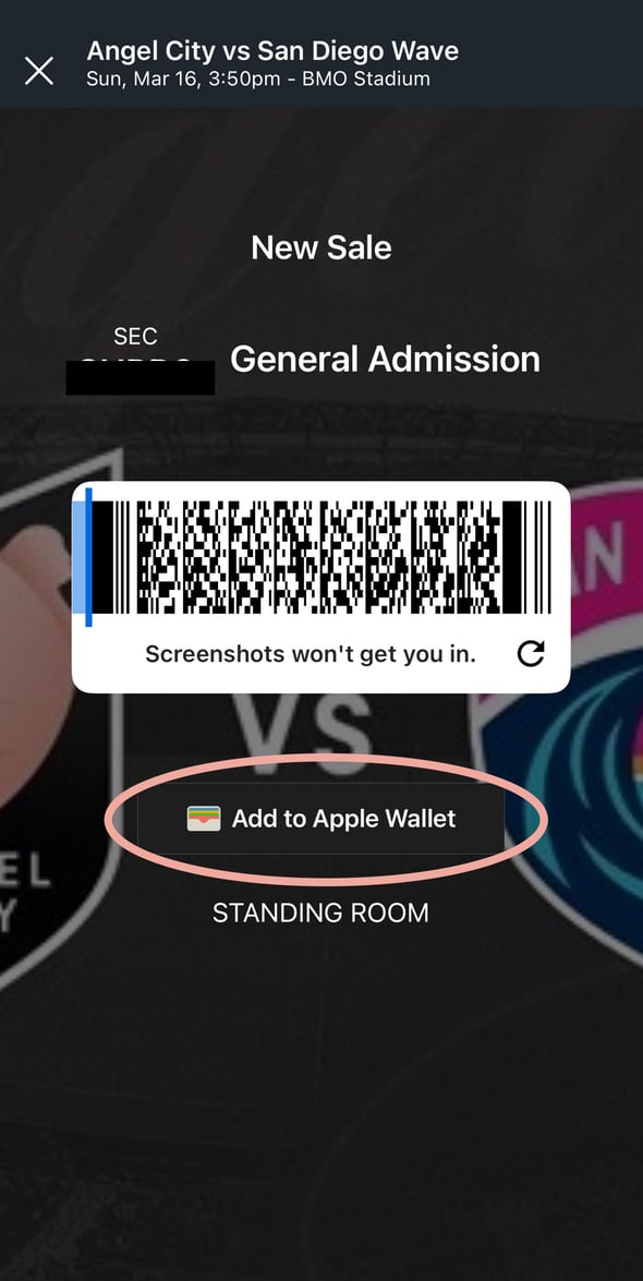 Mobile ticket barcode ready to scan or add to wallet