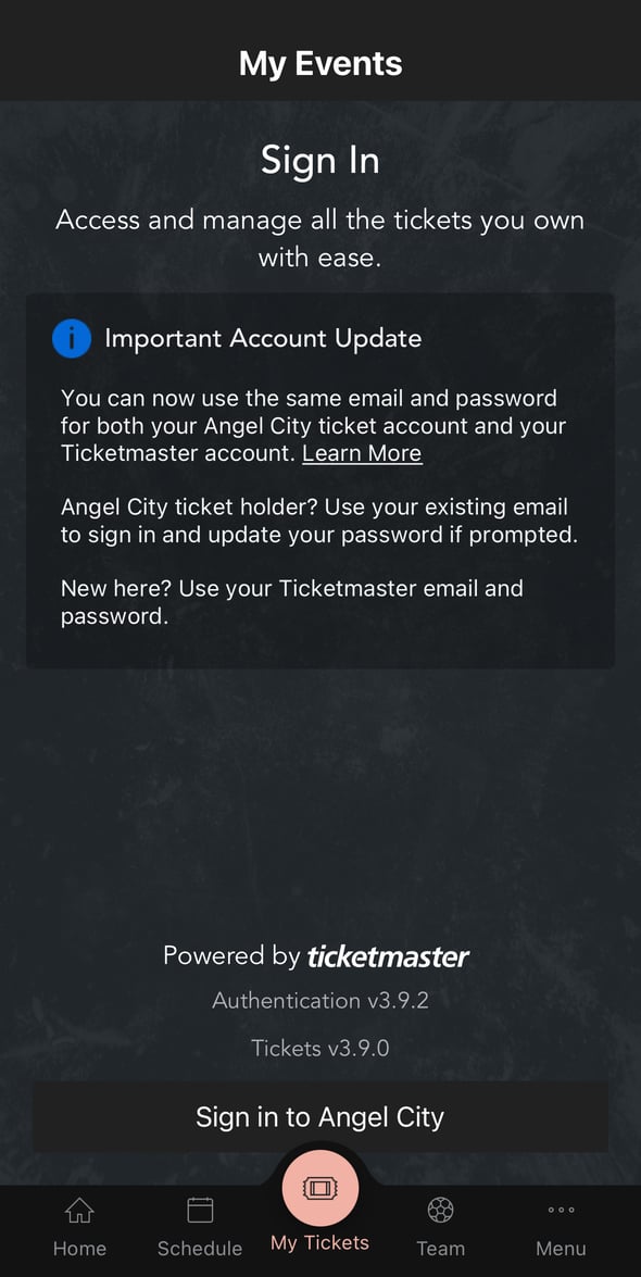 My Tickets screen with Sign in to Angel City button