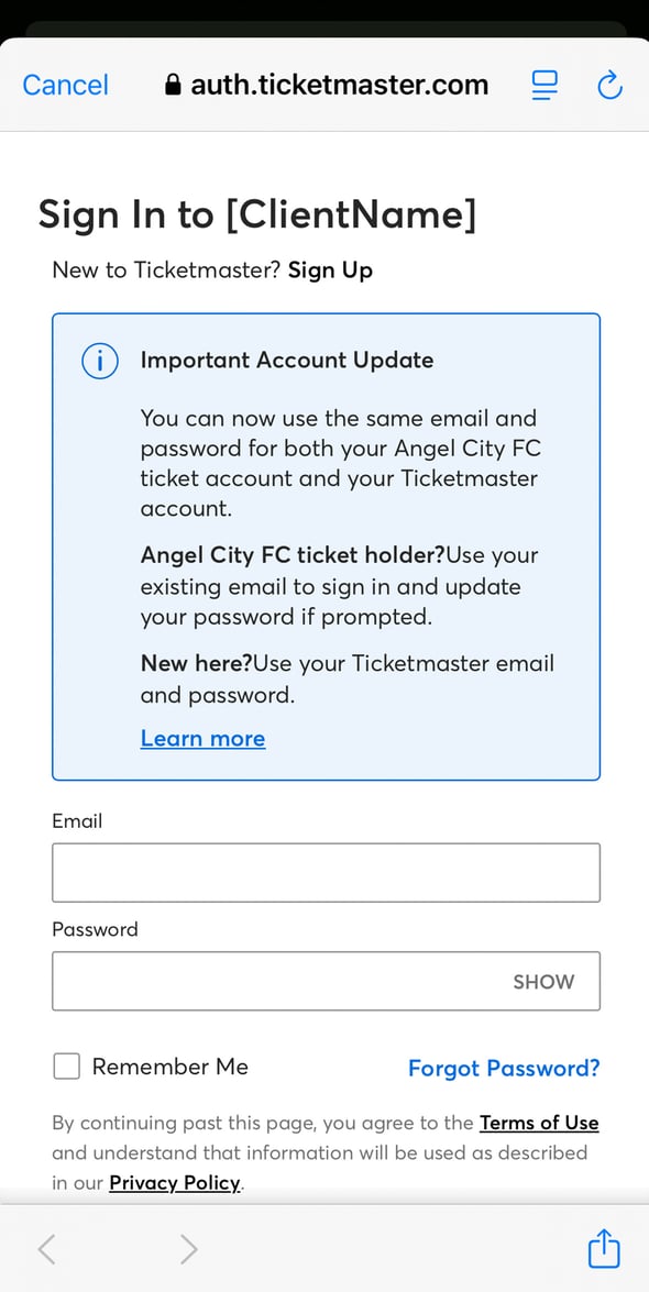 Sign-in screen for Angel City FC tickets