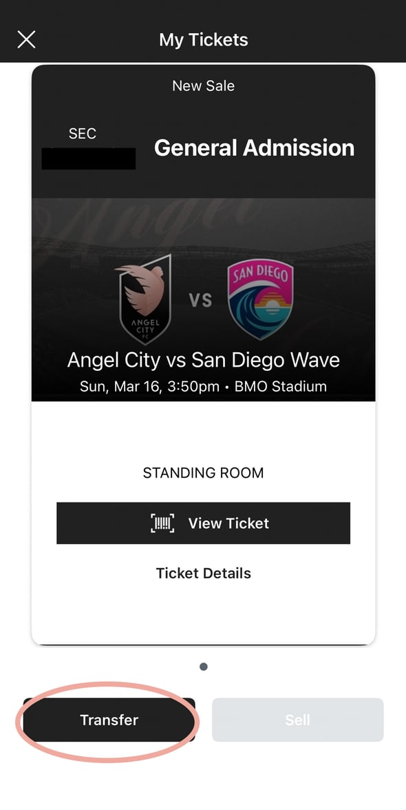 Transfer option on a game ticket screen