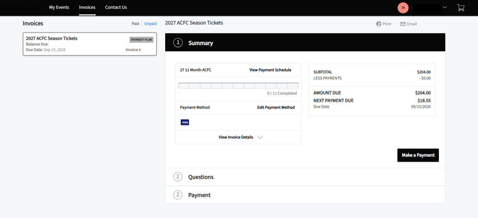Invoice Summary tab showing the 2027 ACFC Season Tickets invoice with subtotal, amount due, and Continue button