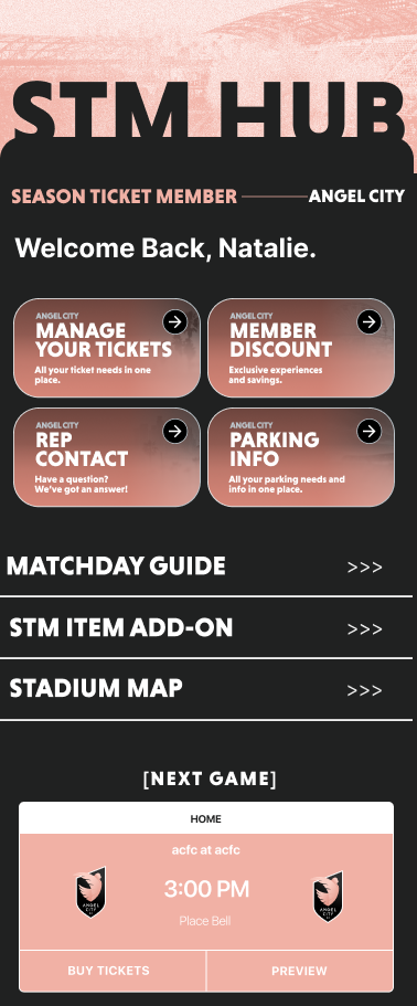 Member Hub home screen in the Angel City FC app